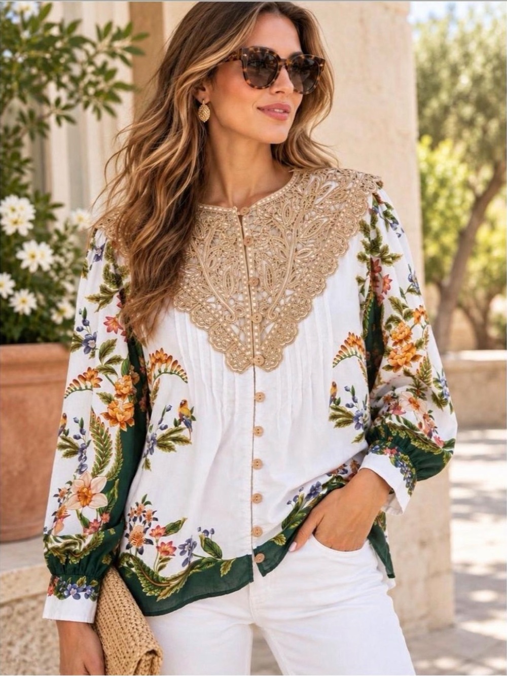 Farm Rio Nature Sand Floral Print Button Down Size Large